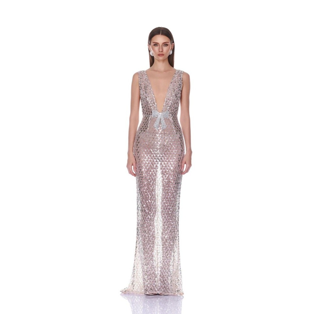 NEW BRONX BANCO Liora Silver Bridal Gown/ Plunging Sequin Evening Dress